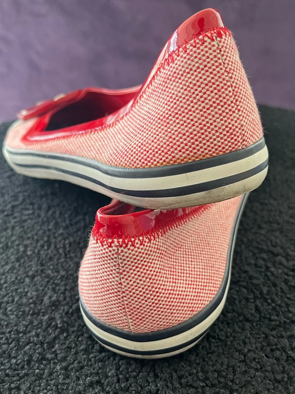 Tory Burch Red Patent-Trim Pink Canvas Logo Ballet Flats